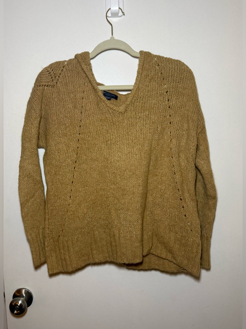 American Eagle Outfitters Women's Knit Pullover Sweater V-Neck Hooded Tan XS